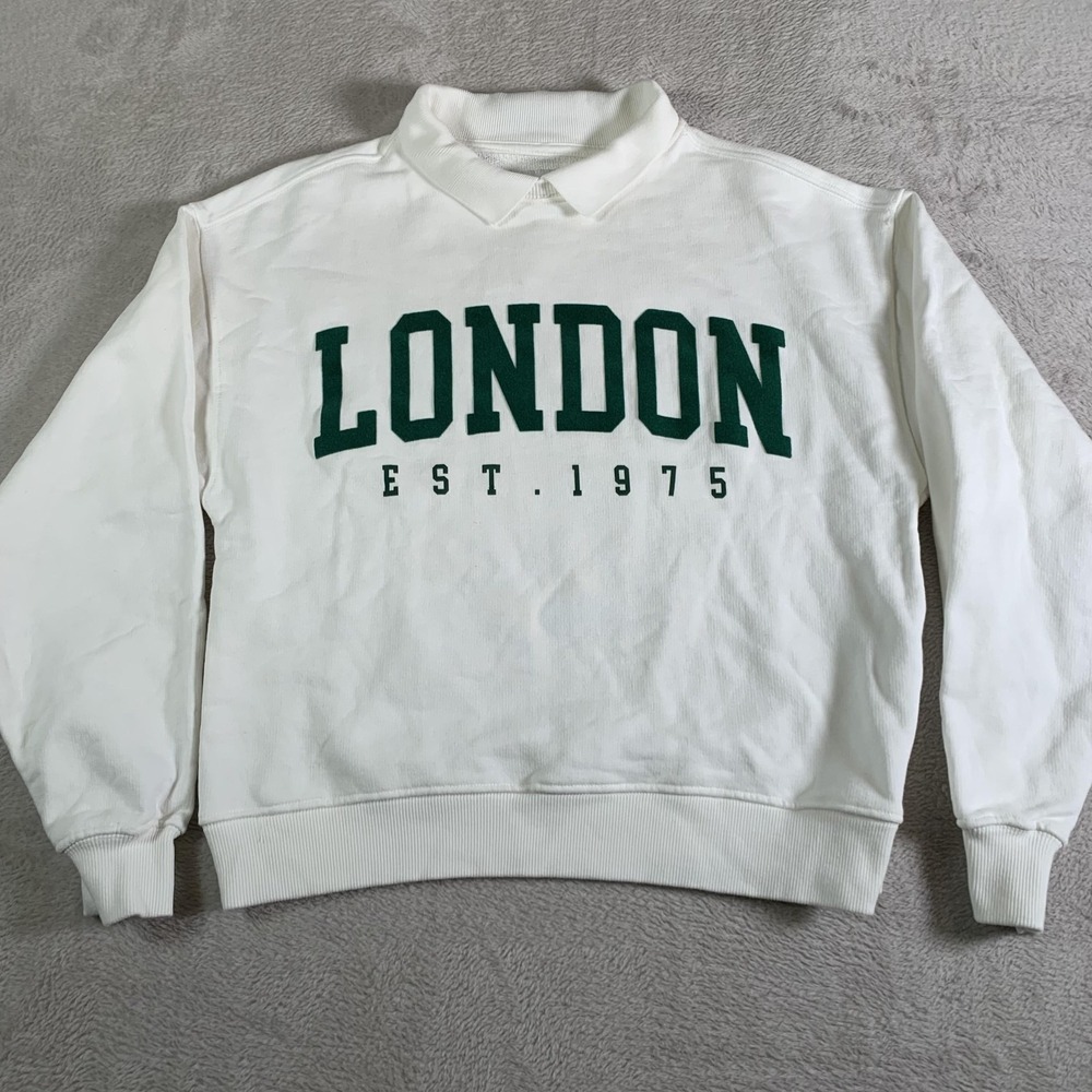 Zara Sweatshirt Youth 13-14 White London EST 1975 Collared Pullover Graphic NEW